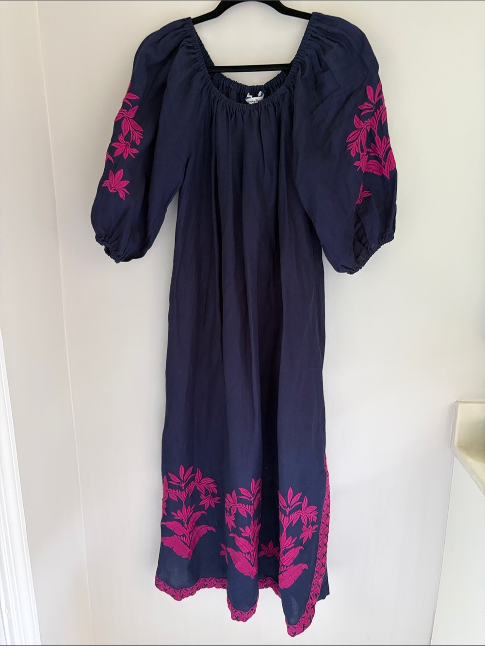 Tommy Bahama Navy Linen Caftan with Hot Pink Floral Embroidery